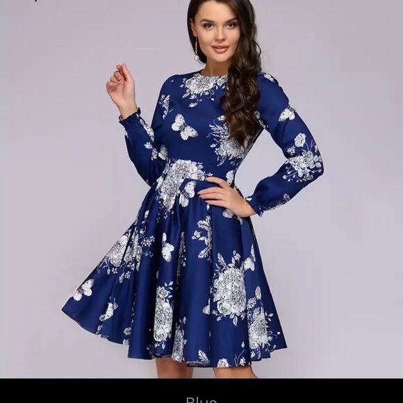 ROYAL blue flowers and butterflies print dress fit and flare NWOT - Picture 4 of 11